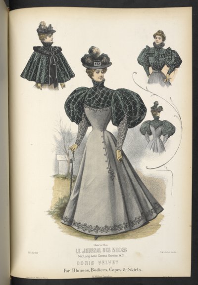 Doris fløyel, For bluser, livstykker, kapper og skjørt,  Tallerken 2250, Doris fløyel for bluser, liv, kapper og skjørt,  The Dressmaker og Milliner,  1895 av English School