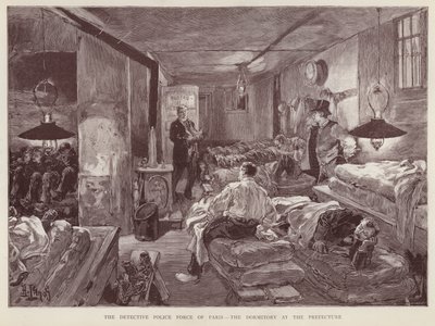 Sovesal ved politiprefekturet for Paris, Frankrike (litho) av English School