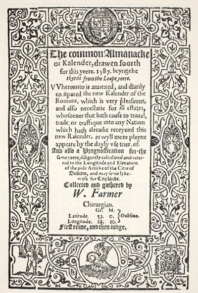 Double Almanack (vanlig og ny) og Prognostication for Dublin for 1587, av W. Farmer, trykt av Watkins og Roberts, 1587 av English School