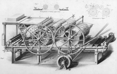Dobbeltsylindret trykkmaskin fra Cyclopaedia of Useful Arts & Manufactures, redigert av Charles Tomlinson, ca. 1880-tallet av English School