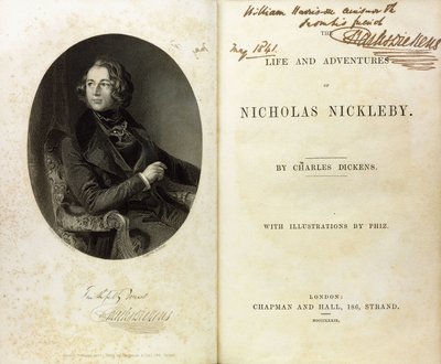 Dobbeltsideoppslag med et portrett av Dickens, og en dedikasjon av Dickens til William Harrison Ainsworth av English School