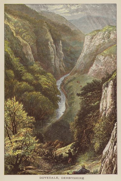 Dovedale, Derbyshire (farget gravering) av English School