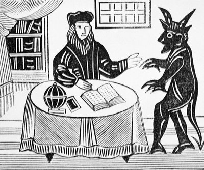 Dr. Faustus in Counsel with the Devil, fra Gents oversettelse av Dr. Faustus av Christopher Marlowe (1564-93) 1648 fra en samling kapittelbøker om esoterica av English School