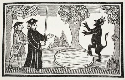 Dr. Faustus raiser the Devil, illustrasjon fra Chap-books of the Eighteenth Century av John Ashton, pub. 1882 av English School