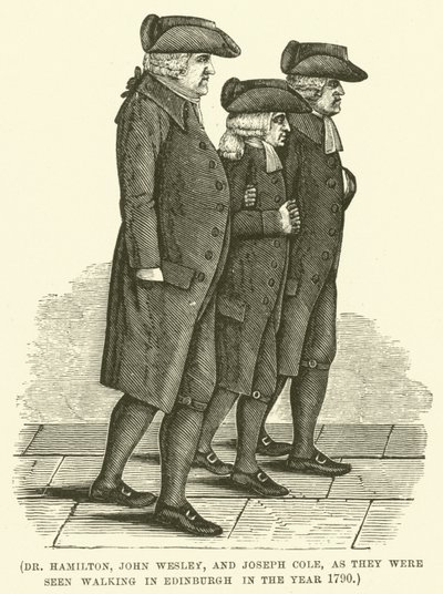 Dr. Hamilton, John Wesley og Joseph Cole, slik de ble sett vandrende i Edinburgh i år 1790 (gravering) av English School