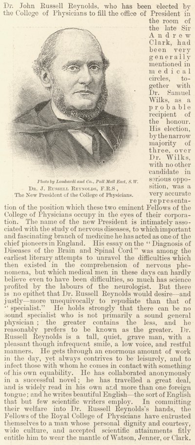 Dr J Russell Reynolds, FRS, den nye presidenten for College of Physicians (gravering) av English School