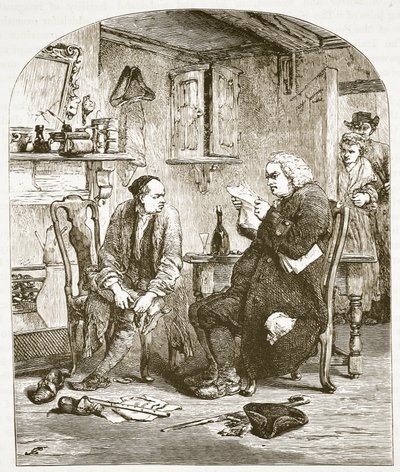 Dr. Johnson leser manuskriptet til Vicar of Wakefield, illustrasjon fra Cassells Illustrated History of England (sepiafoto) av English School