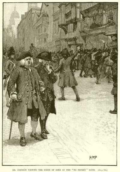 Dr. Johnson ser på scenen for noen av No Popery Riots av English School