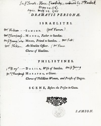 Dramatis Personae for Samson, et oratorium av Handel, utgitt i 1759 av English School