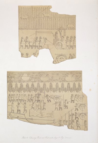Drawing Bull, and Forest with Stags and Pigs, Kouyunjik, plate 12 fra Nineveh and its Remains av Austen Henry Layard (1817-94) utgitt 1849 av English School