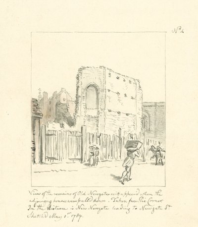 Tegning av restene av Old Newgate (blekk på papir) av English School
