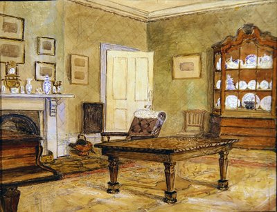 Stueinteriør med porselensamling, ca. 1890 (akvarell på papir) av English School