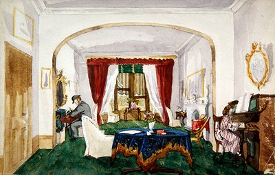 Interiør i salong, kvinne ved piano, mann i skrift med bowlerhatte, ca. 1850 (akvarell på papir) av English School