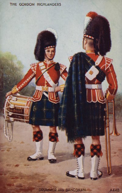 Trommeslager og bandmedlem i Gordon Highlanders (fargelitografi) av English School