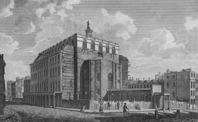 Drury Lane Theatre, Westminster, brent ned i 1809 (gravering) av English School