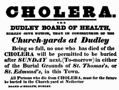 Dudley Board of Health-plakat som kunngjør begravelsesprosedyren for mennesker som har dødd av kolera, ca. 1840-tallet av English School