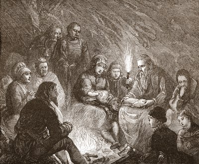 Nederlandske protestanter i skjul, illustrasjon fra The History of Protestantism av James Aitken Wylie (1808-1890), pub. 1878 av English School