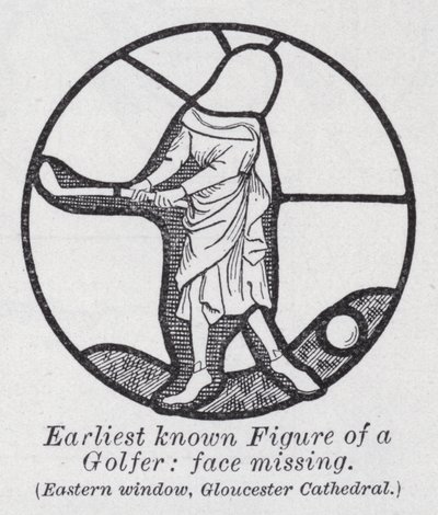 Tidligste kjente figur av en golfspiller, ansikt mangler, østvindu, Gloucester Cathedral (litho) av English School