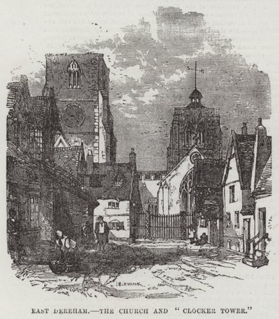 East Dereham, kirken og "Clocker Tower" (gravering) av English School