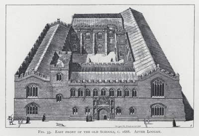 Øst foran de gamle skolene, ca 1688, etter Loggan av English School