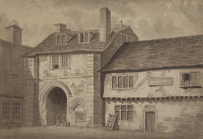 Østutsikt over porten til Abbey of St Saviour, Bermondsey, ca. 1825 (penn, blyant og vask på papir) av English School
