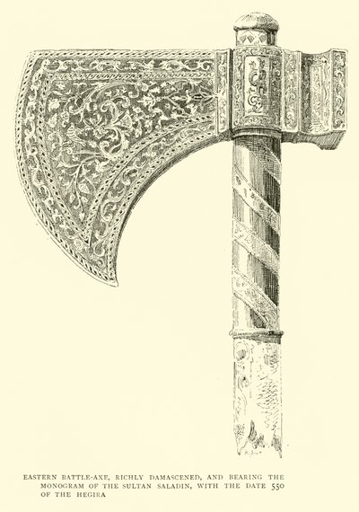 Østlig stridsøks, rikt damascenert, og med monogrammet til sultanen Saladin, med dato 550 av Hegira av English School