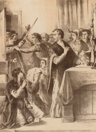 Edmund Genings, «Brøt opp kammerdøren der han feiret» (litografi) av English School