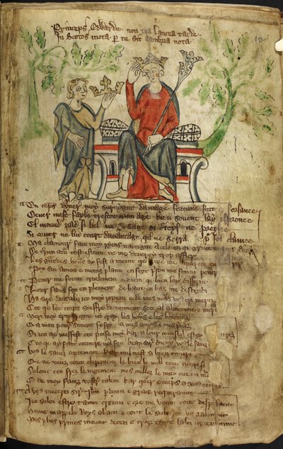 Edward II sitter på en trone, med septer i venstre hånd, og berører kronen med høyre hånd. En liten figur (muligens en personifisering av Wales) tilbyr ham en annen krone (sannsynligvis Skottlands krone). Det antas at den andre figuren er en av English School
