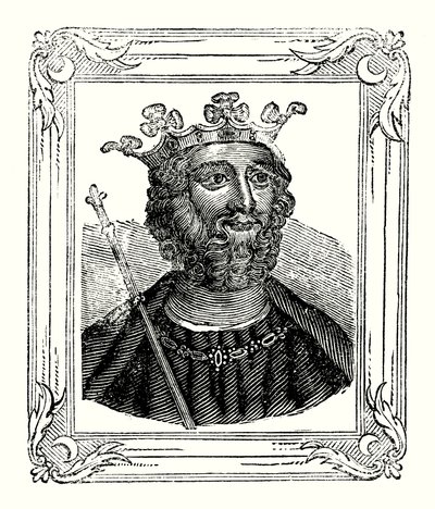 Edward II ble født i 1284, kronet i 1308 og myrdet i 1328 (gravering) av English School