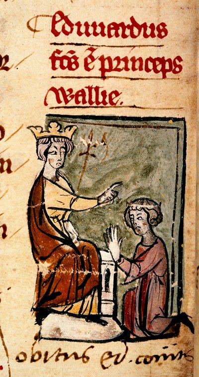 Edvard av Caernarvon [Edward II] skapte prinsen av Wales og jarlen av Chester av sin far, kong Edward I, ved Lincoln-parlamentet, illustrasjon fra 
