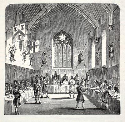 Edward den første og dronning Eleanor holder jul på Conway Castle, pub. 1800-tallet (stålgravering) av English School