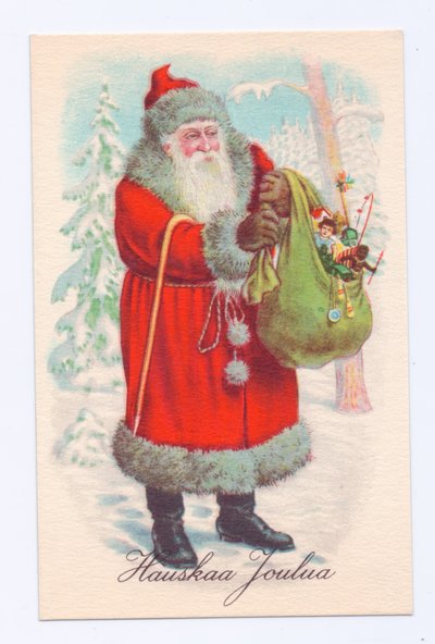 Edwardiansk postkort av julenissen som holder en sekk med leker, ca. 1910 (fargelitografi) av English School