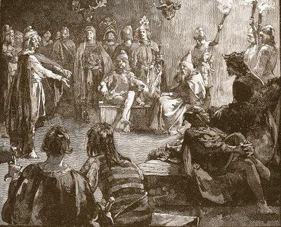 Edwin av Northumbria og kristne misjonærer, illustrasjon fra Cassells Illustrated History of England (sepiafoto) av English School