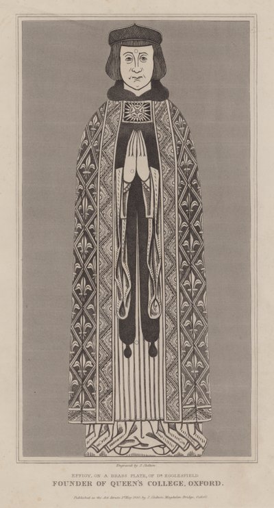 Dukke, på en messingplate, eller Robert de Eglesfield, kapellan til Philippa av Hainault og grunnlegger av Queen#39;s College, Oxford (gravering) av English School