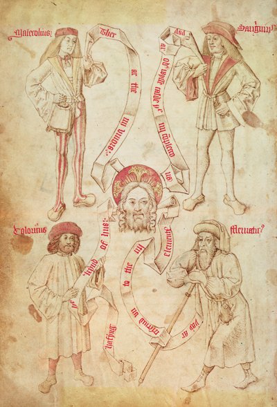 F.eks. 2572 f.51v The Four Humors, fra Guild Book of the Barber Surgeons of York (vellum) av English School