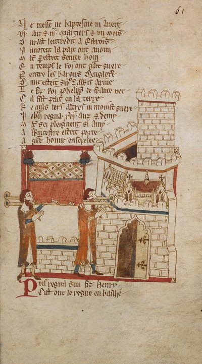 Egerton Ms 3028 f.061r King Johns kropp ble ført til Worcester Cathedral for begravelse, illustrasjon fra 'Romances in French Verse...', av Robert Wace, Canon of Bayeux (vellum) av English School