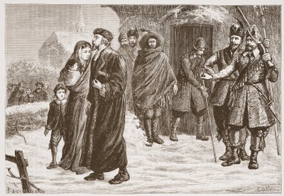 Å kaste ut en ungarsk protestantisk pastor om vinteren, illustrasjon fra The History of Protestantism av James Aitken Wylie (1808-1890), pub. 1878 av English School