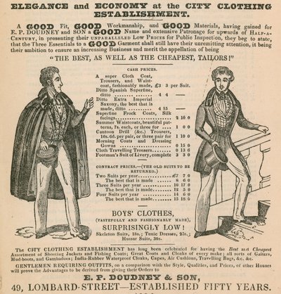 Eleganse og økonomi ved City Clothing Establishment; E P Doudney & Son, 49 Lombard Street, London av English School