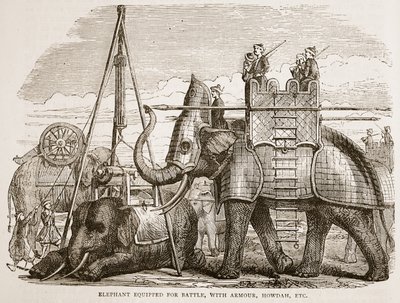 Elefant utstyrt for kamp, med rustning, howdah, etc., illustrasjon fra Cassells Illustrated History of India av James Grant, pub. 1879 av English School