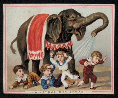 Elefant som lekende dusjer barn med vann, julehilsenskort. (chromolitho) av English School