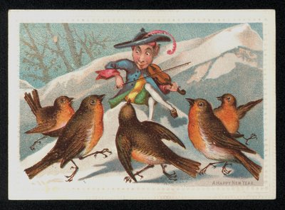 Alv med fele som underholder en gjeng med rødstrupe, nyttårskort. (chromolitho) av English School