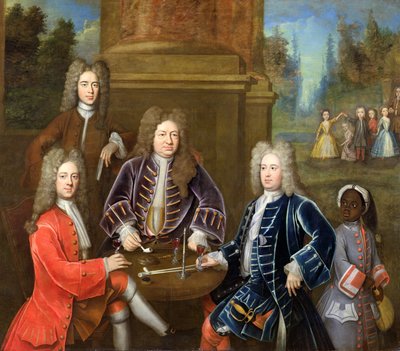 Elihu Yale (1648-1721) den andre hertugen av Devonshire, Lord James Cavendish, Mr Tunstal and a Page, ca. 1708 av English School