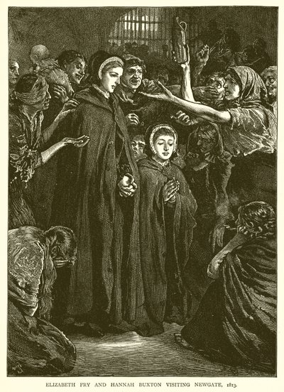 Elizabeth Fry og Hannah Buxton på besøk i Newgate, 1813 av English School