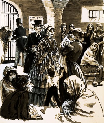 Elizabeth Fry ble en forkjemper for fengselsreform etter å ha besøkt Newgate Prison (gouache på papir) av English School