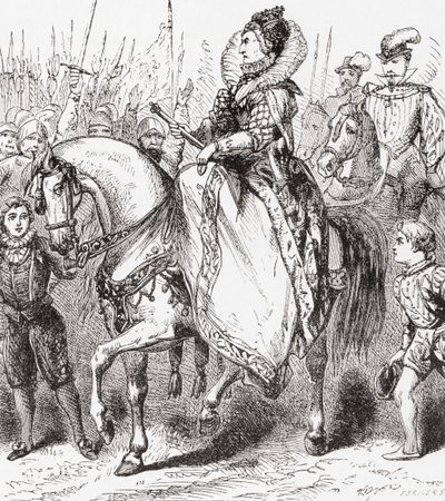 Elizabeth I inspiserer troppene sine ved Tilbury Port, 1588, fra Ward and Locks Illustrated History of the World, pub. ca. 1882 av English School