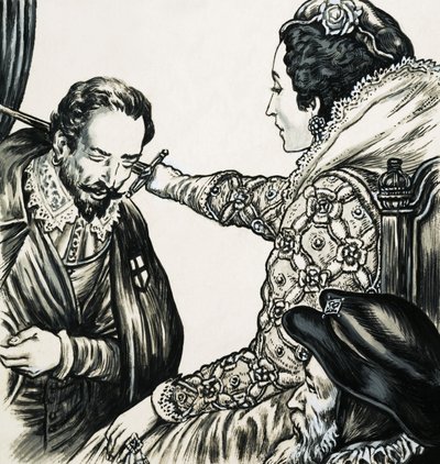 Elizabeth I slår en av sine lojale tjenere til ridder av English School