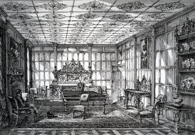 Elizabethan Dining Room, publisert i The House-Furnisher & Decorator, 1. oktober 1872 av English School