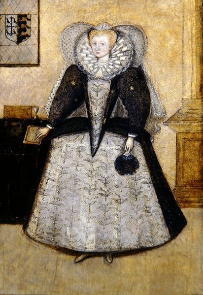 Elizabethansk portrett av en ung gift fru Golbourne, født Fleetwood (olje på panel) av English School