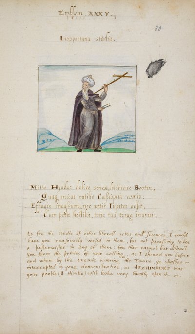 Emblem XXXV 'Inopportuna studia'. Illustrasjon av en figur [Archimedes?] i et landskap med skillelinjer og en korsformet linjal, med vers, fra 'Emblemboken som illustrerer Basilicon Doron of James I, ca. 1610 (penn og blekk med vask og akvarell av English School