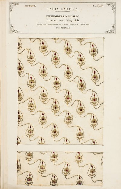 Brodert muslinprøve fra Madras, fra The Collection of the Textile Manufacturers of India, av John Forbes Watson, utgitt i 1866 av English School